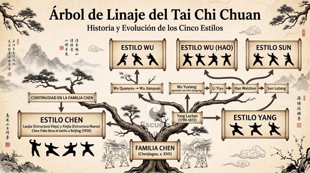 Árbol de linajes de los cinco estilos de Tai Chi, desde el estilo Chen | Escuela Shihei