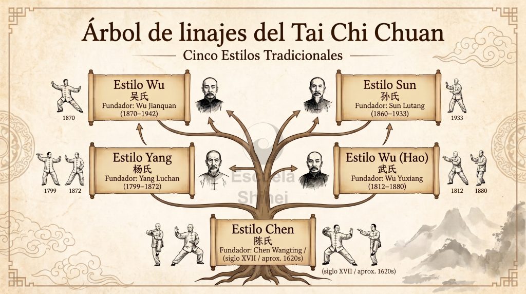 arbol de linajes Árbol de linajes de los cinco estilos de Tai Chi, desde el estilo Chen | Escuela Shihei
